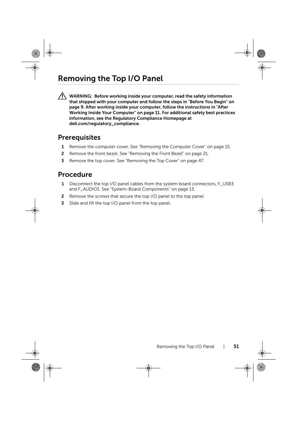 Removing the top i/o panel, Prerequisites, Procedure | Dell XPS 8700 (Mid 2013) User Manual | Page 51 / 86