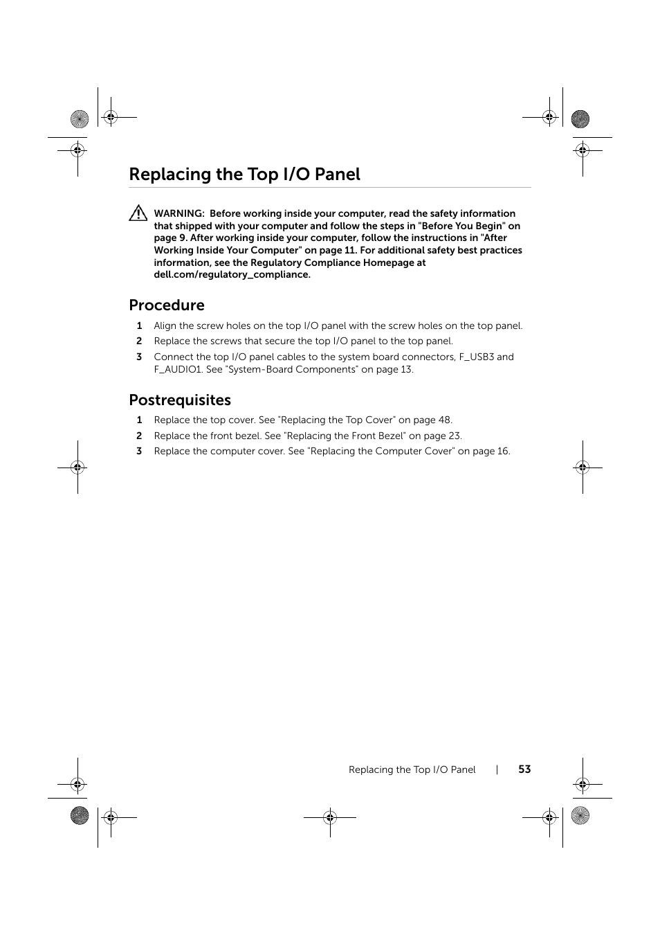 Replacing the top i/o panel, Procedure, Postrequisites | Dell XPS 8700 (Mid 2013) User Manual | Page 53 / 86