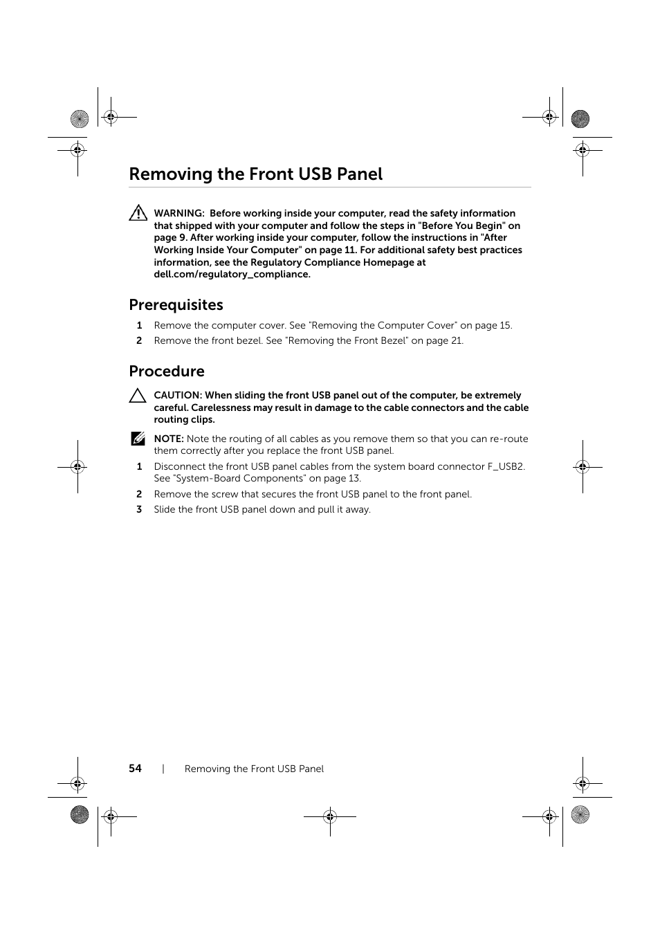 Removing the front usb panel, Prerequisites, Procedure | Dell XPS 8700 (Mid 2013) User Manual | Page 54 / 86