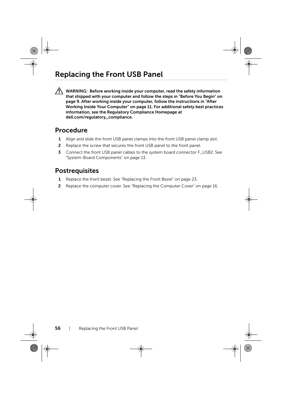 Replacing the front usb panel, Procedure, Postrequisites | Dell XPS 8700 (Mid 2013) User Manual | Page 56 / 86