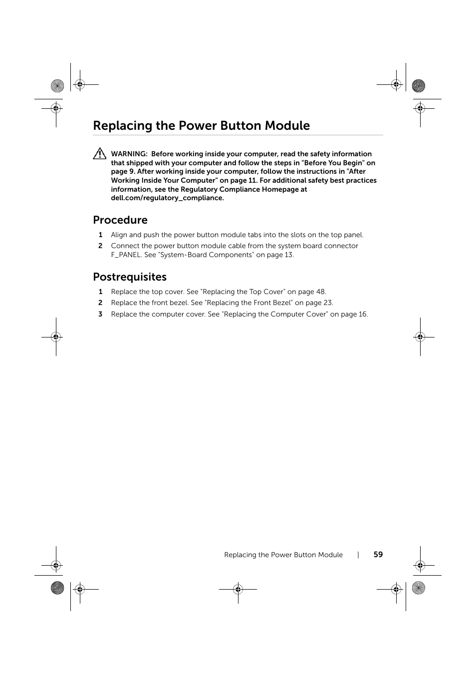 Replacing the power button module, Procedure, Postrequisites | Dell XPS 8700 (Mid 2013) User Manual | Page 59 / 86