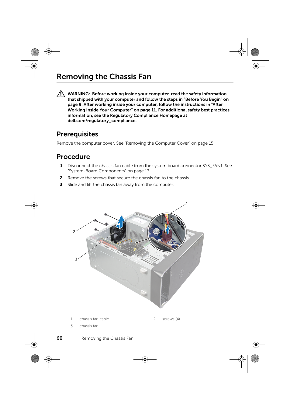 Removing the chassis fan, Prerequisites, Procedure | Dell XPS 8700 (Mid 2013) User Manual | Page 60 / 86