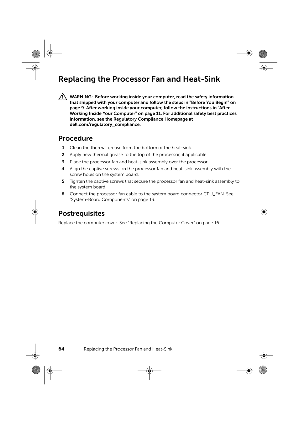 Replacing the processor fan and heat-sink, Procedure, Postrequisites | Dell XPS 8700 (Mid 2013) User Manual | Page 64 / 86