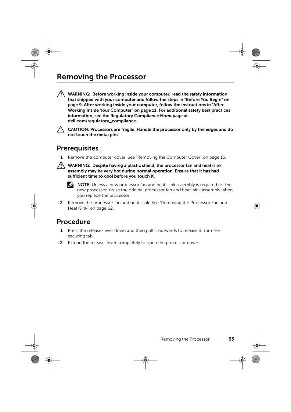 Removing the processor, Prerequisites, Procedure | Dell XPS 8700 (Mid 2013) User Manual | Page 65 / 86