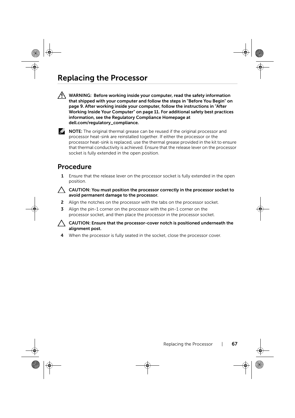 Replacing the processor, Procedure | Dell XPS 8700 (Mid 2013) User Manual | Page 67 / 86