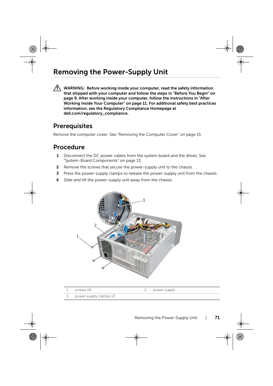 Removing the power-supply unit, Prerequisites, Procedure | Dell XPS 8700 (Mid 2013) User Manual | Page 71 / 86