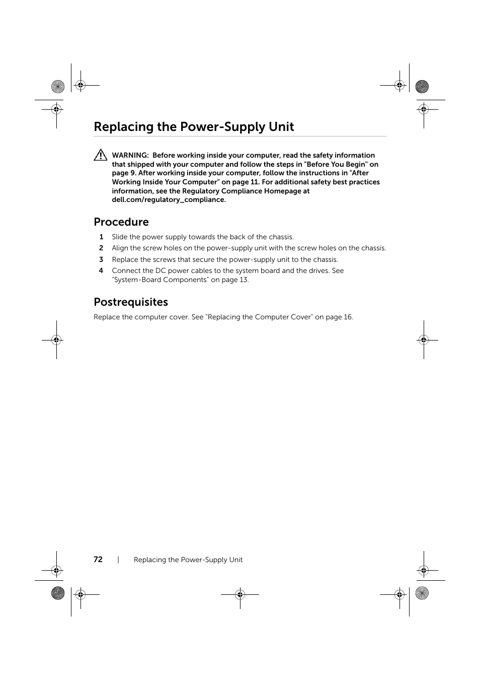 Replacing the power-supply unit, Procedure, Postrequisites | Dell XPS 8700 (Mid 2013) User Manual | Page 72 / 86