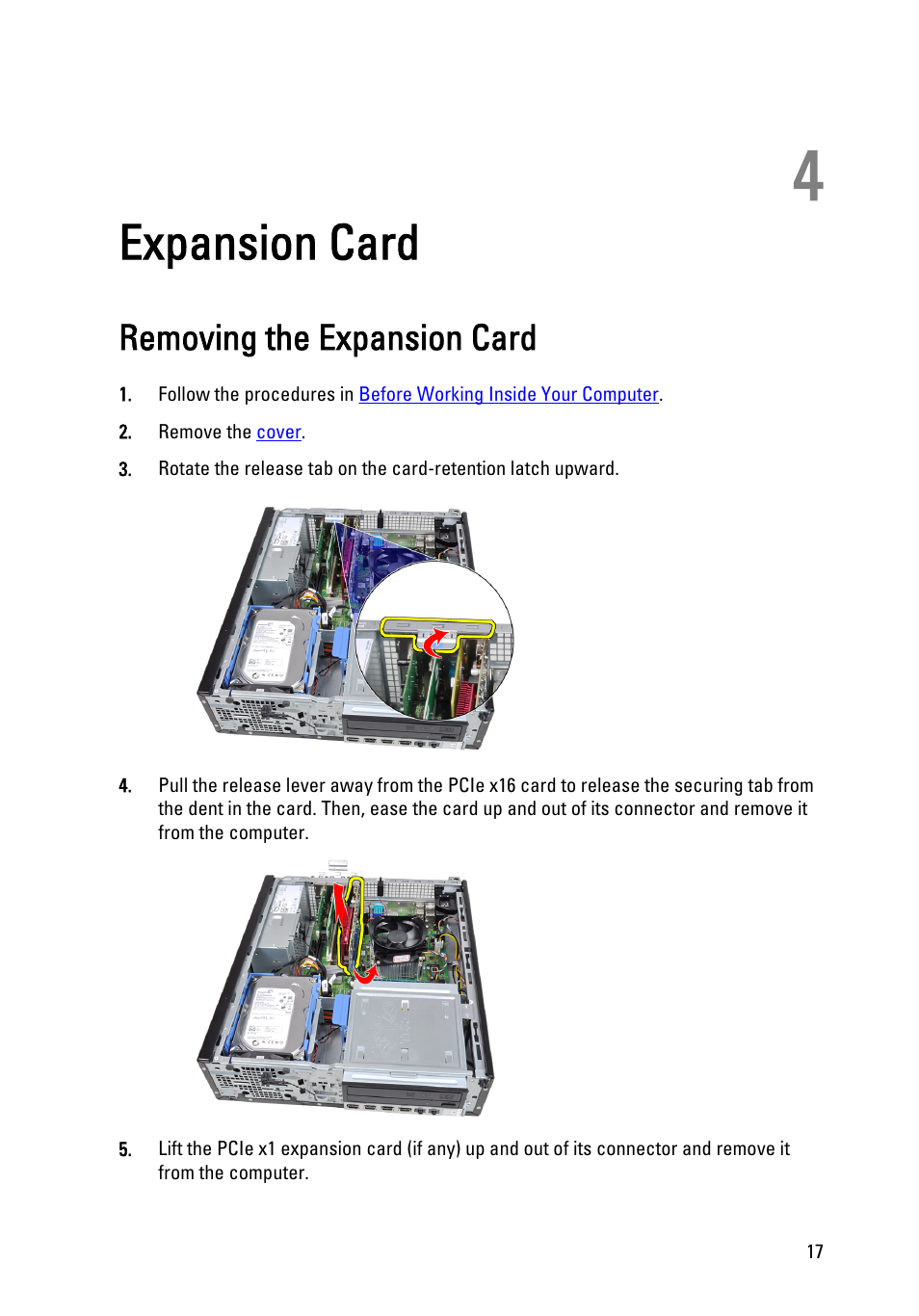 Expansion card, Removing the expansion card, 4 expansion card | Dell OptiPlex 790 (Early 2011) User Manual | Page 17 / 101