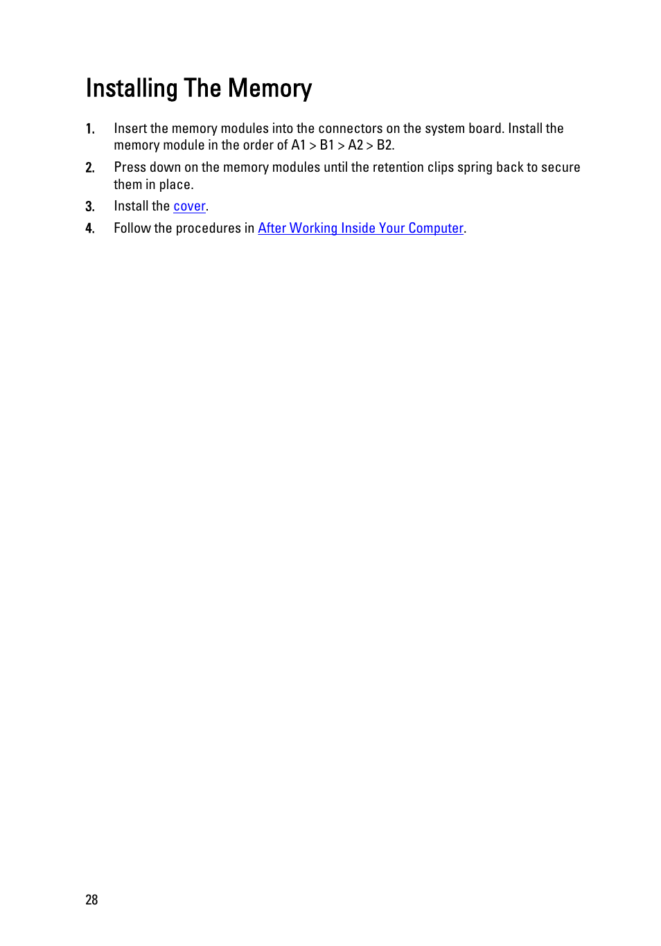 Installing the memory | Dell OptiPlex 790 (Early 2011) User Manual | Page 28 / 101