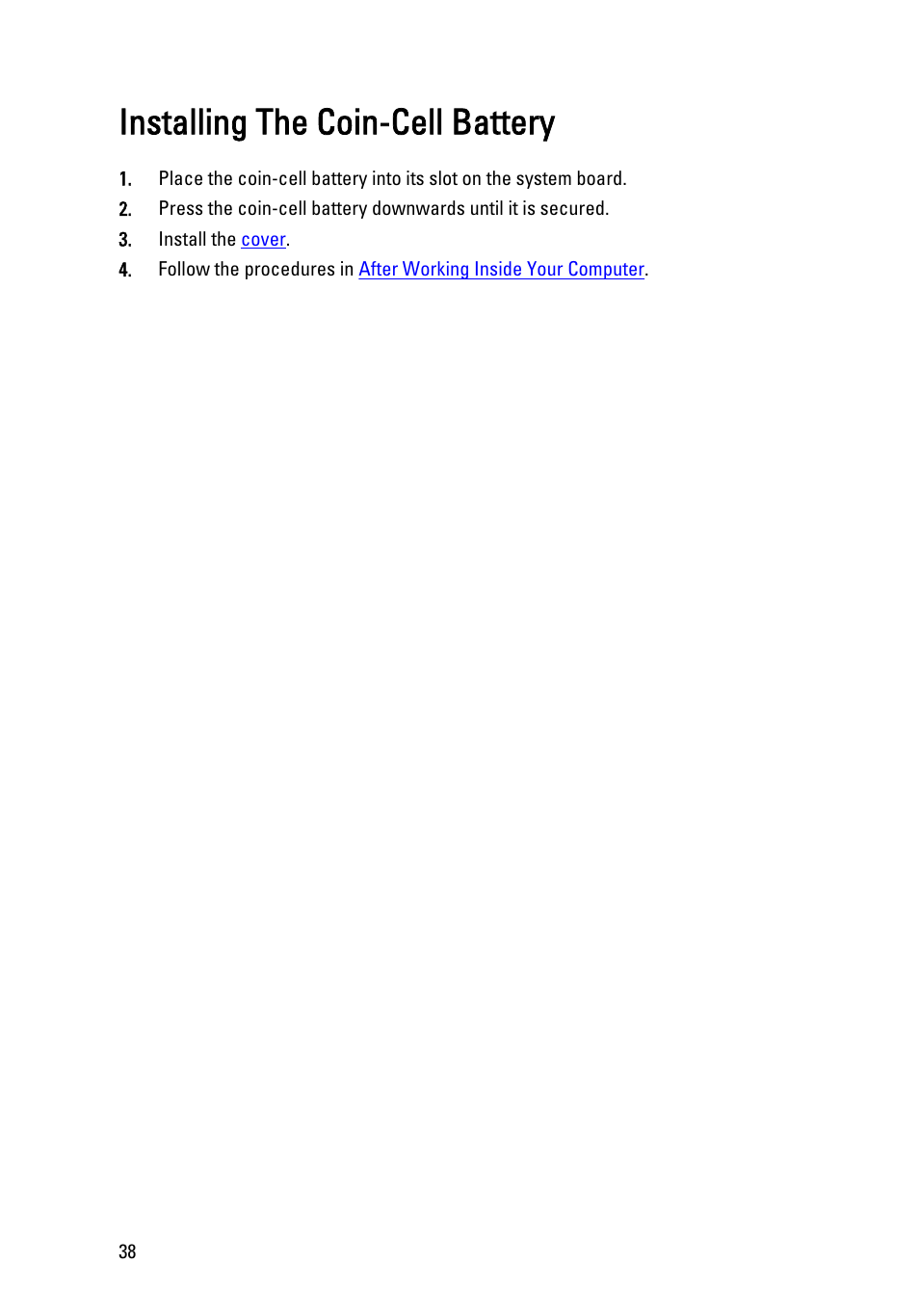 Installing the coin-cell battery | Dell OptiPlex 790 (Early 2011) User Manual | Page 38 / 101