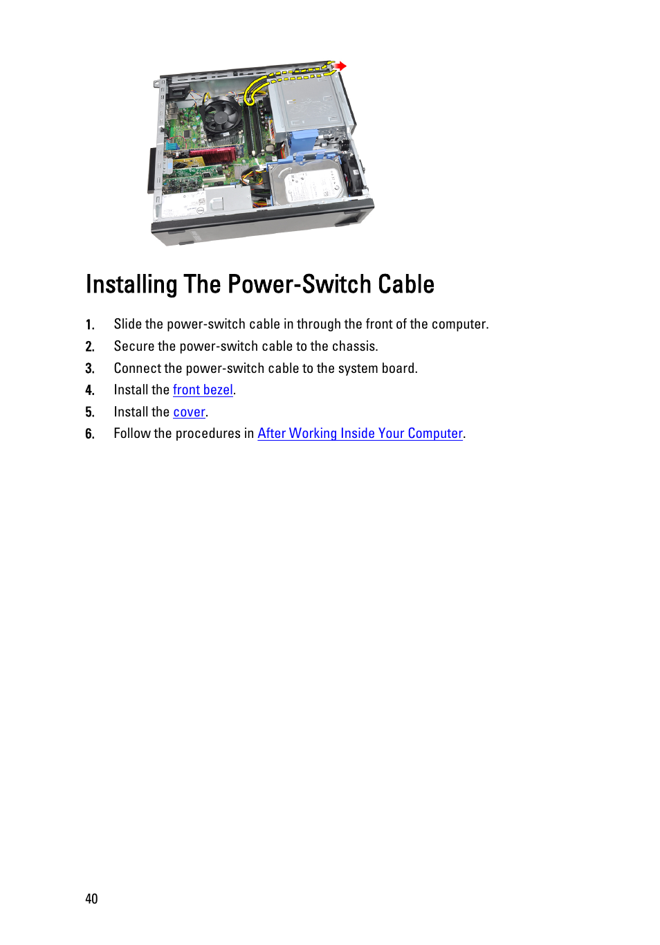 Installing the power-switch cable | Dell OptiPlex 790 (Early 2011) User Manual | Page 40 / 101