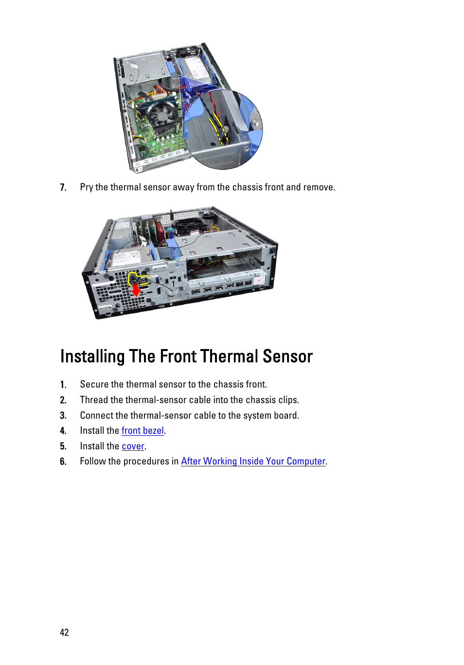 Installing the front thermal sensor | Dell OptiPlex 790 (Early 2011) User Manual | Page 42 / 101