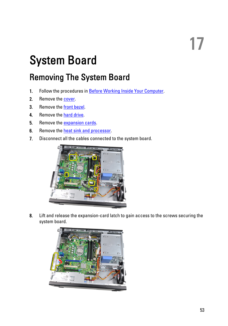 System board, Removing the system board, 17 system board | Dell OptiPlex 790 (Early 2011) User Manual | Page 53 / 101