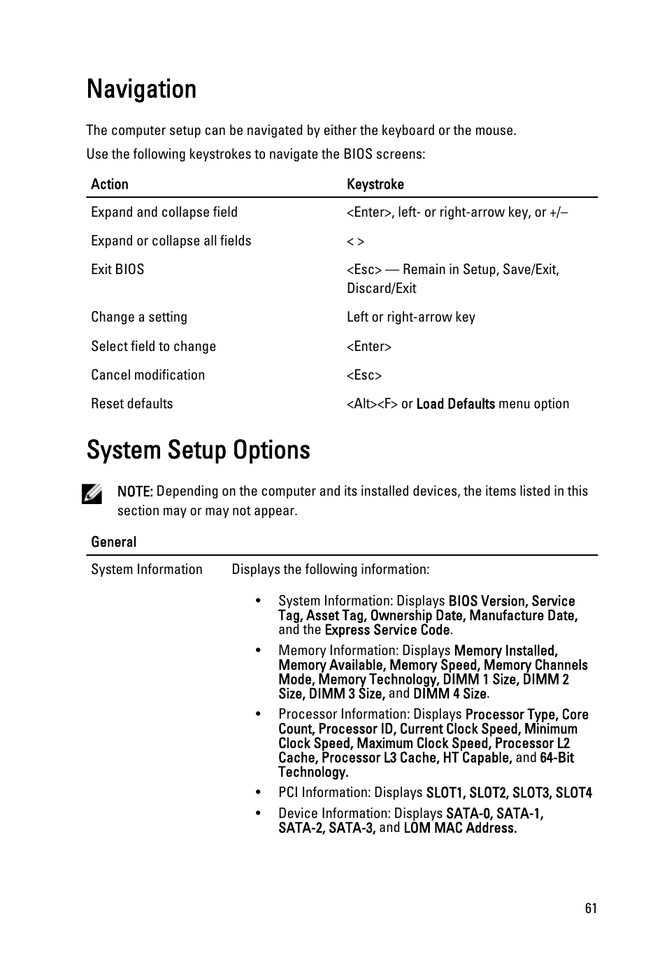 Navigation, System setup options | Dell OptiPlex 790 (Early 2011) User Manual | Page 61 / 101