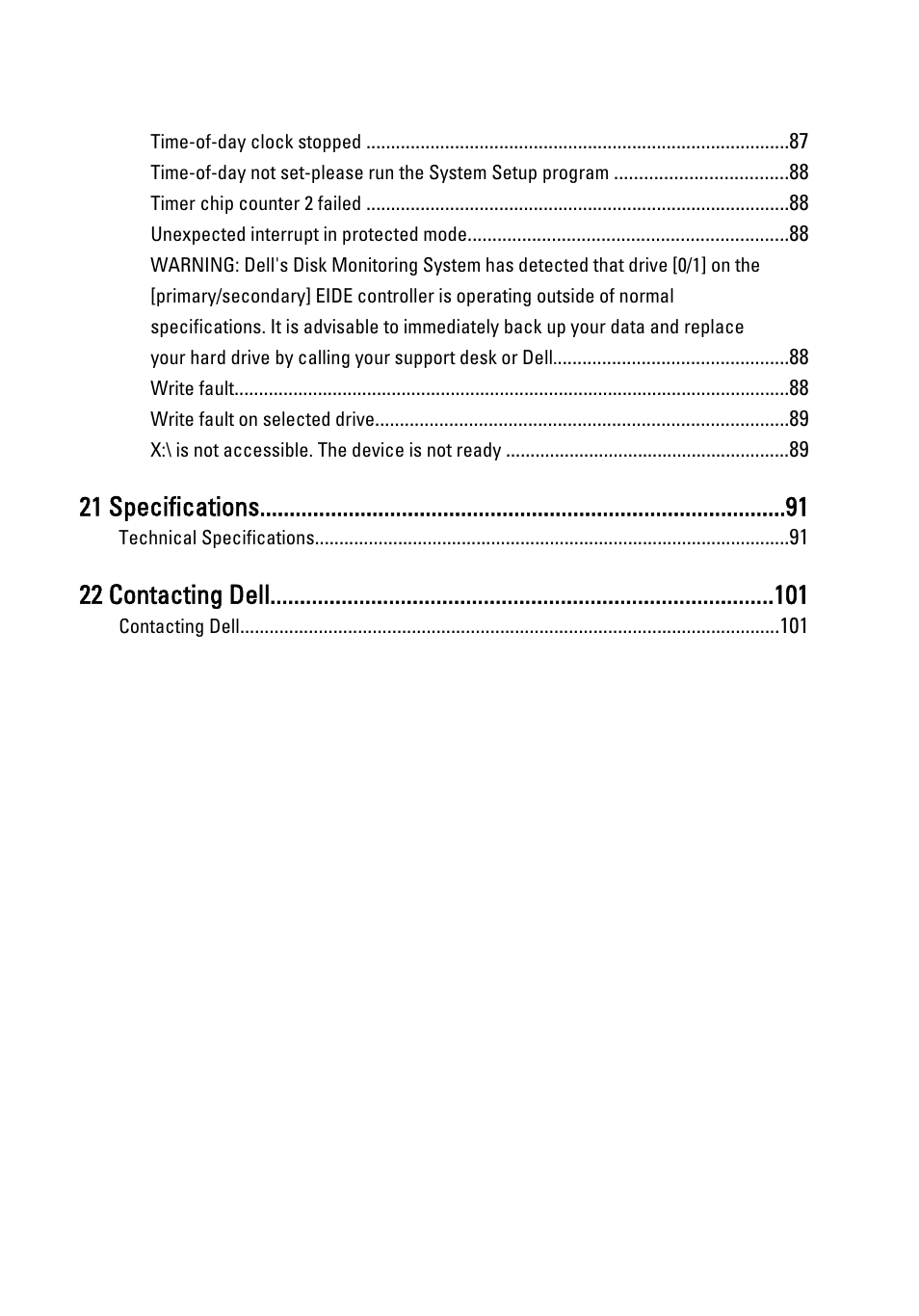 21 specifications, 22 contacting dell | Dell OptiPlex 790 (Early 2011) User Manual | Page 7 / 101