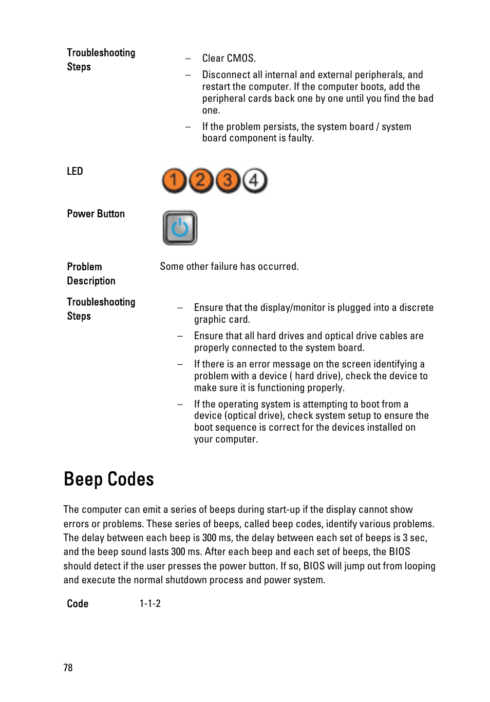 Beep codes | Dell OptiPlex 790 (Early 2011) User Manual | Page 78 / 101