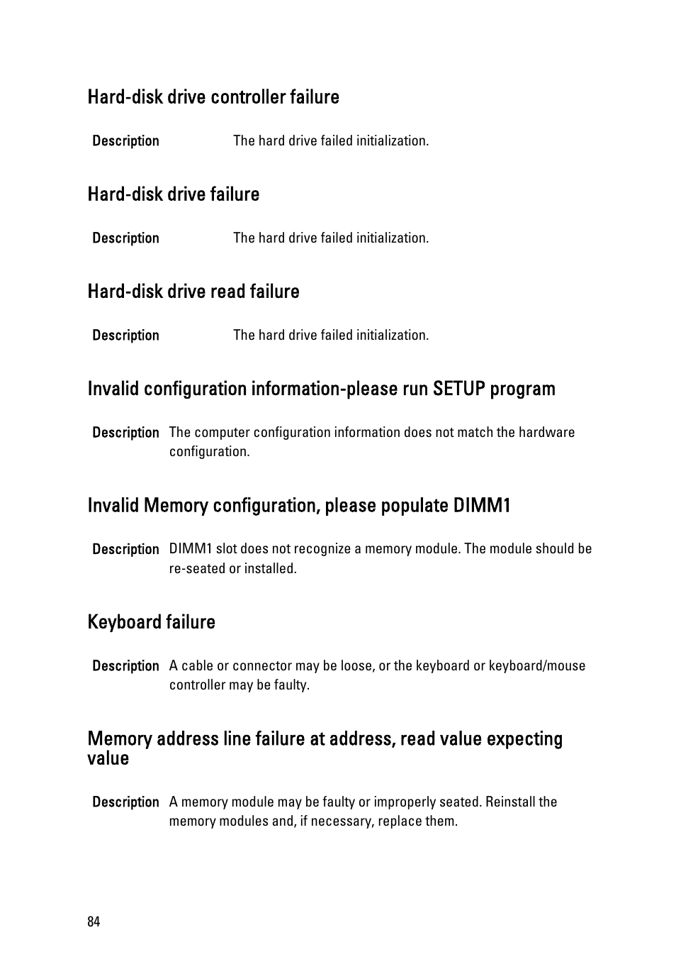 Hard-disk drive controller failure, Hard-disk drive failure, Hard-disk drive read failure | Keyboard failure | Dell OptiPlex 790 (Early 2011) User Manual | Page 84 / 101