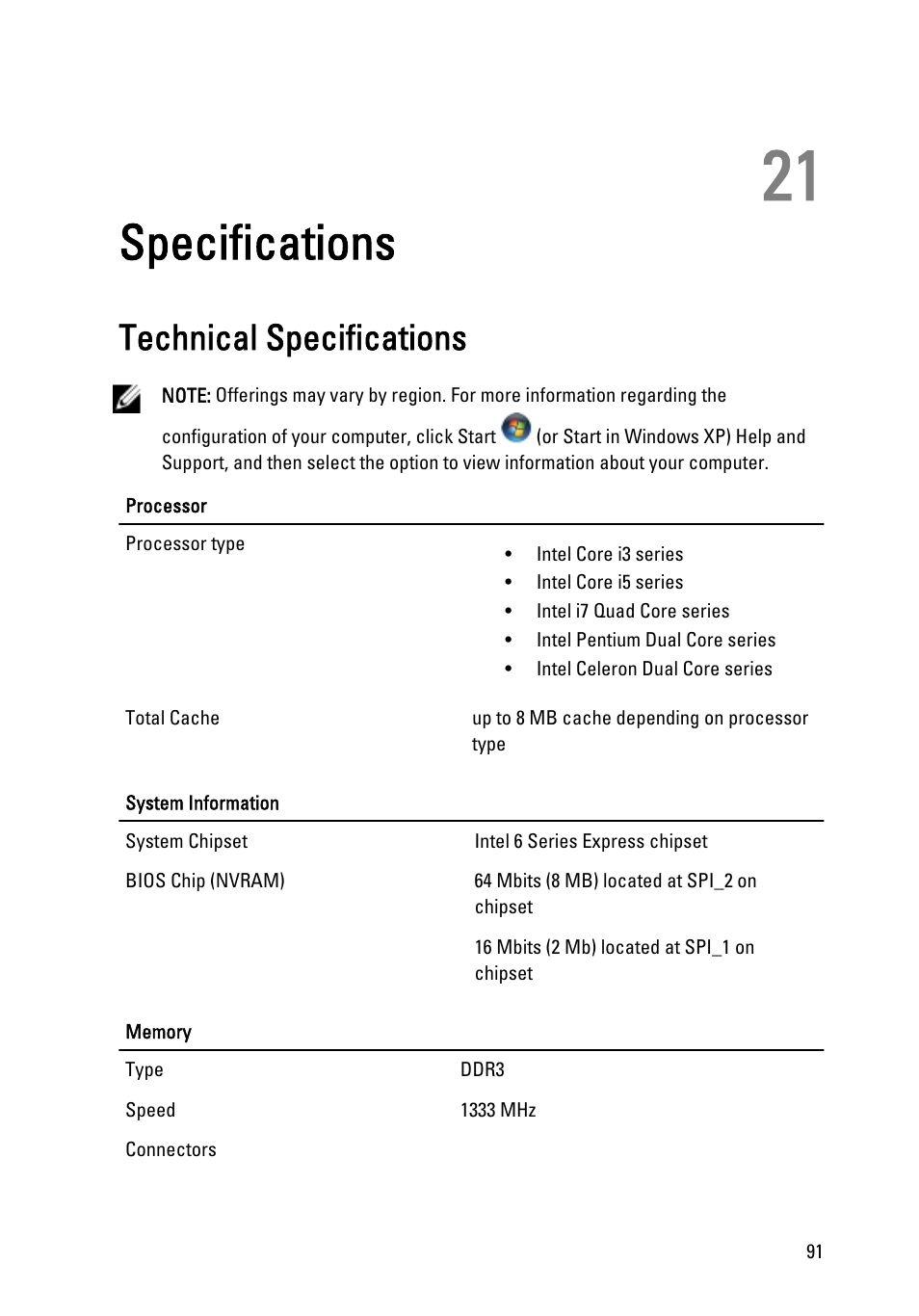 Specifications, Technical specifications, 21 specifications | Dell OptiPlex 790 (Early 2011) User Manual | Page 91 / 101
