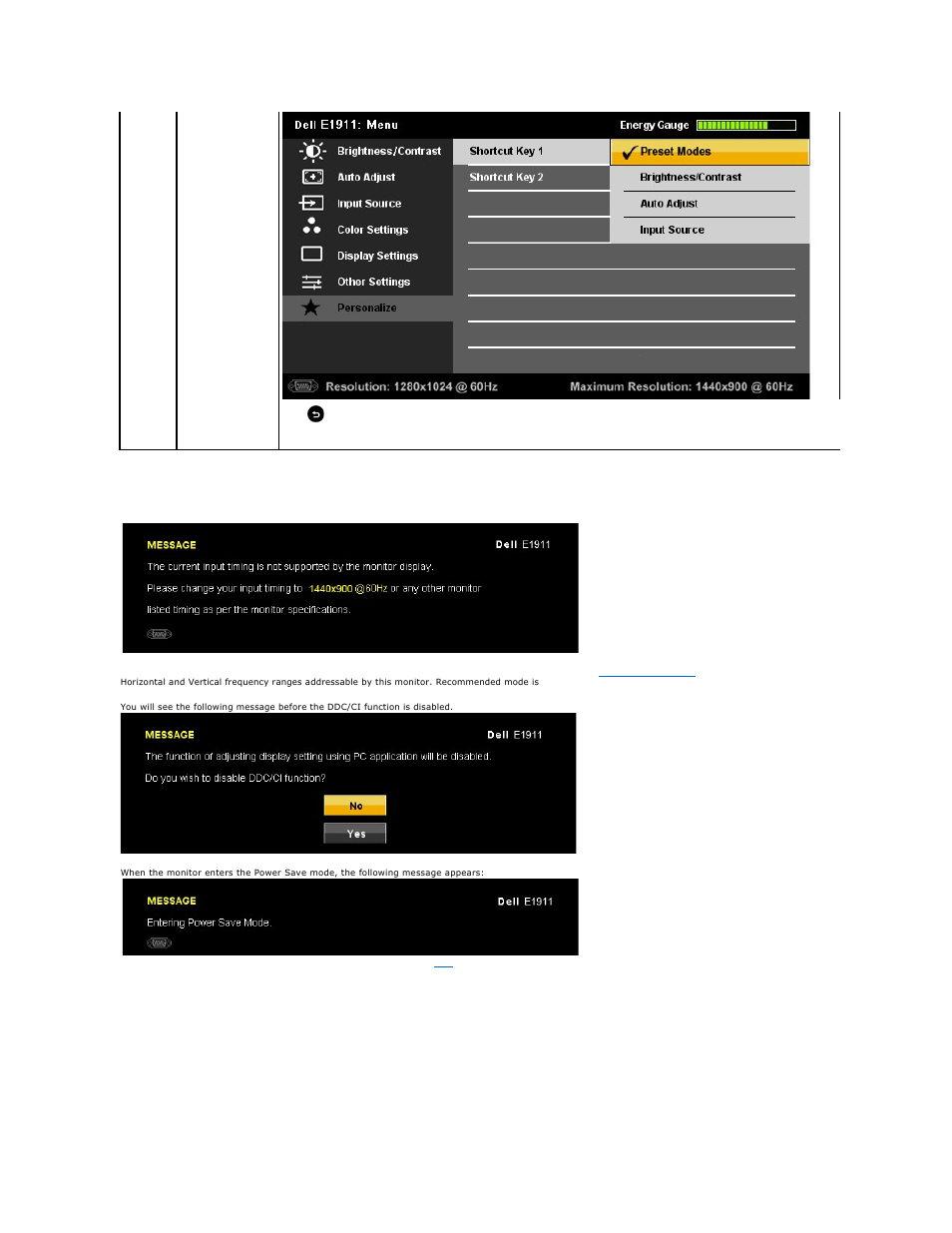 Osd warning messages | Dell E1911 Monitor User Manual | Page 22 / 34