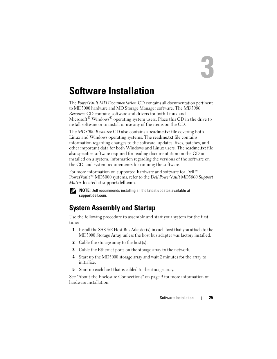 Software installation, System assembly and startup | Dell PowerVault MD3000 User Manual | Page 25 / 50