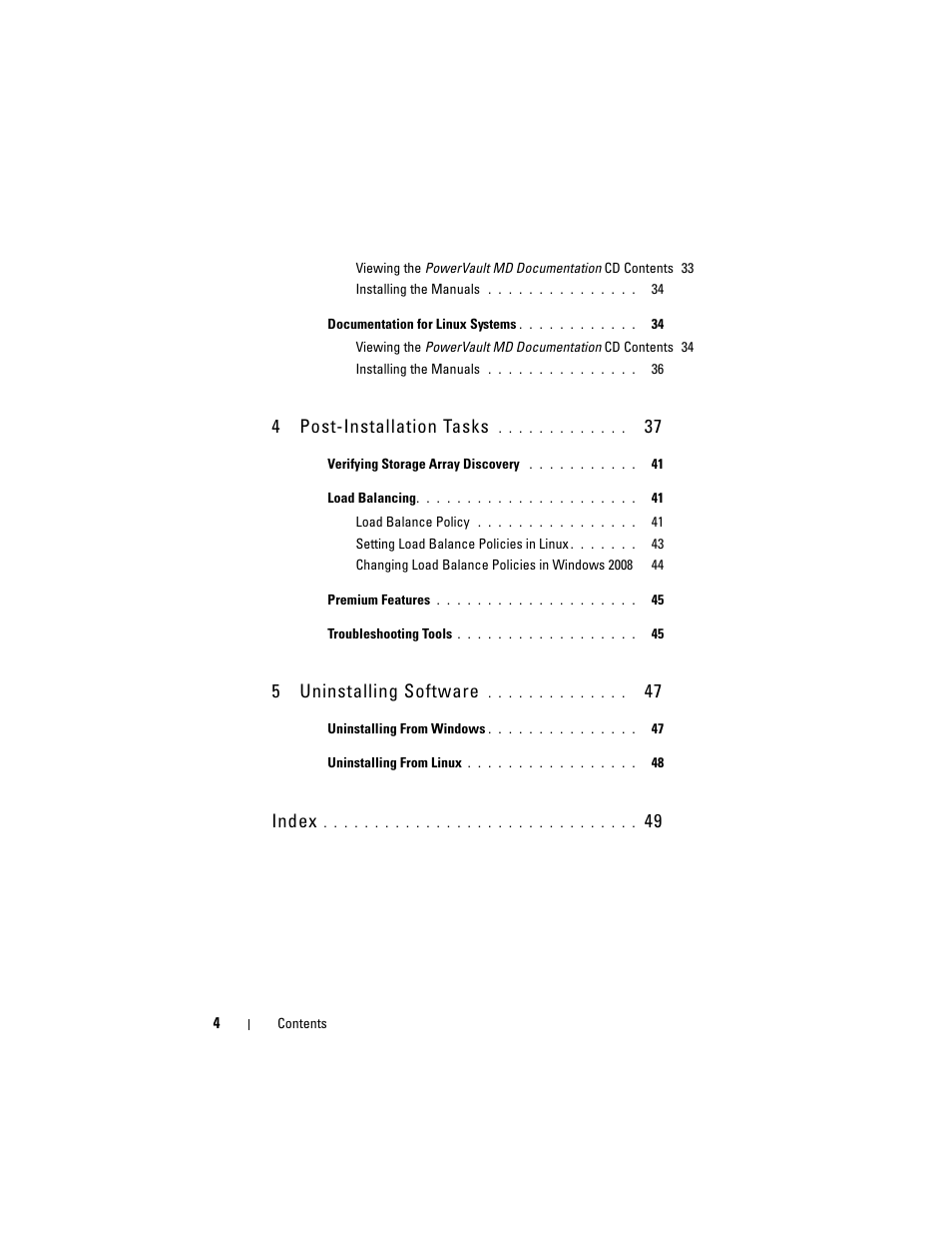 4post-installation tasks, 5uninstalling software, Index | Dell PowerVault MD3000 User Manual | Page 4 / 50