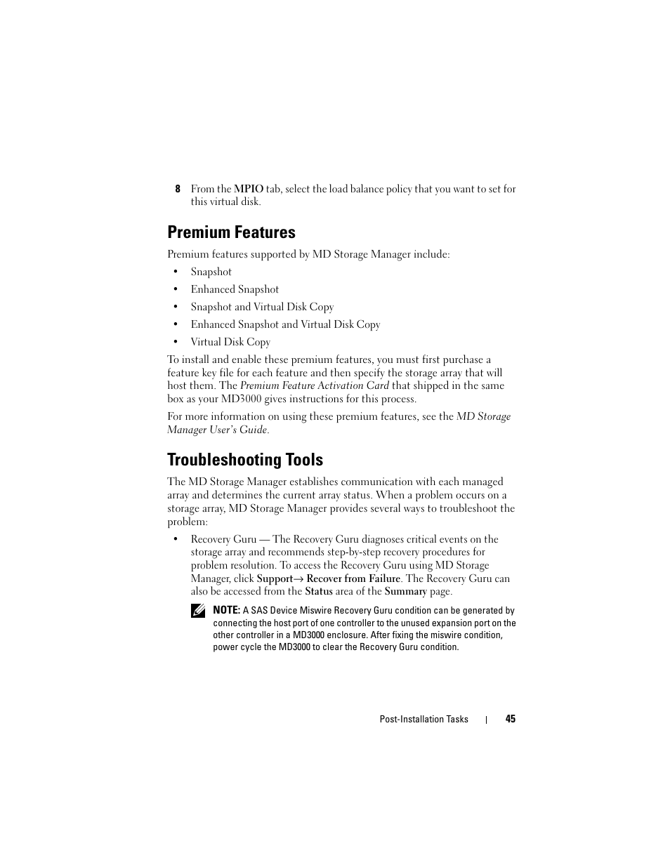 Premium features, Troubleshooting tools | Dell PowerVault MD3000 User Manual | Page 45 / 50