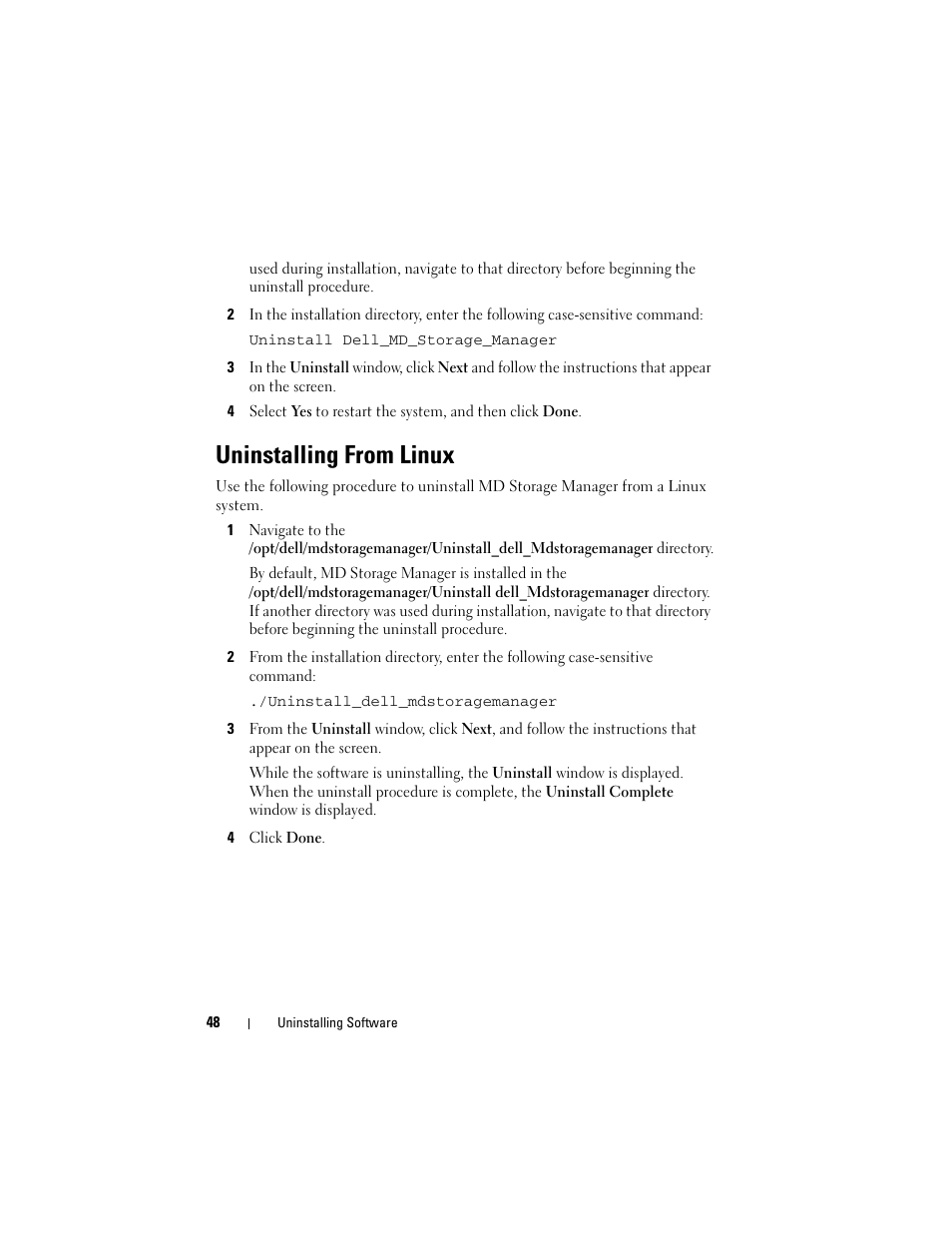 Uninstalling from linux | Dell PowerVault MD3000 User Manual | Page 48 / 50