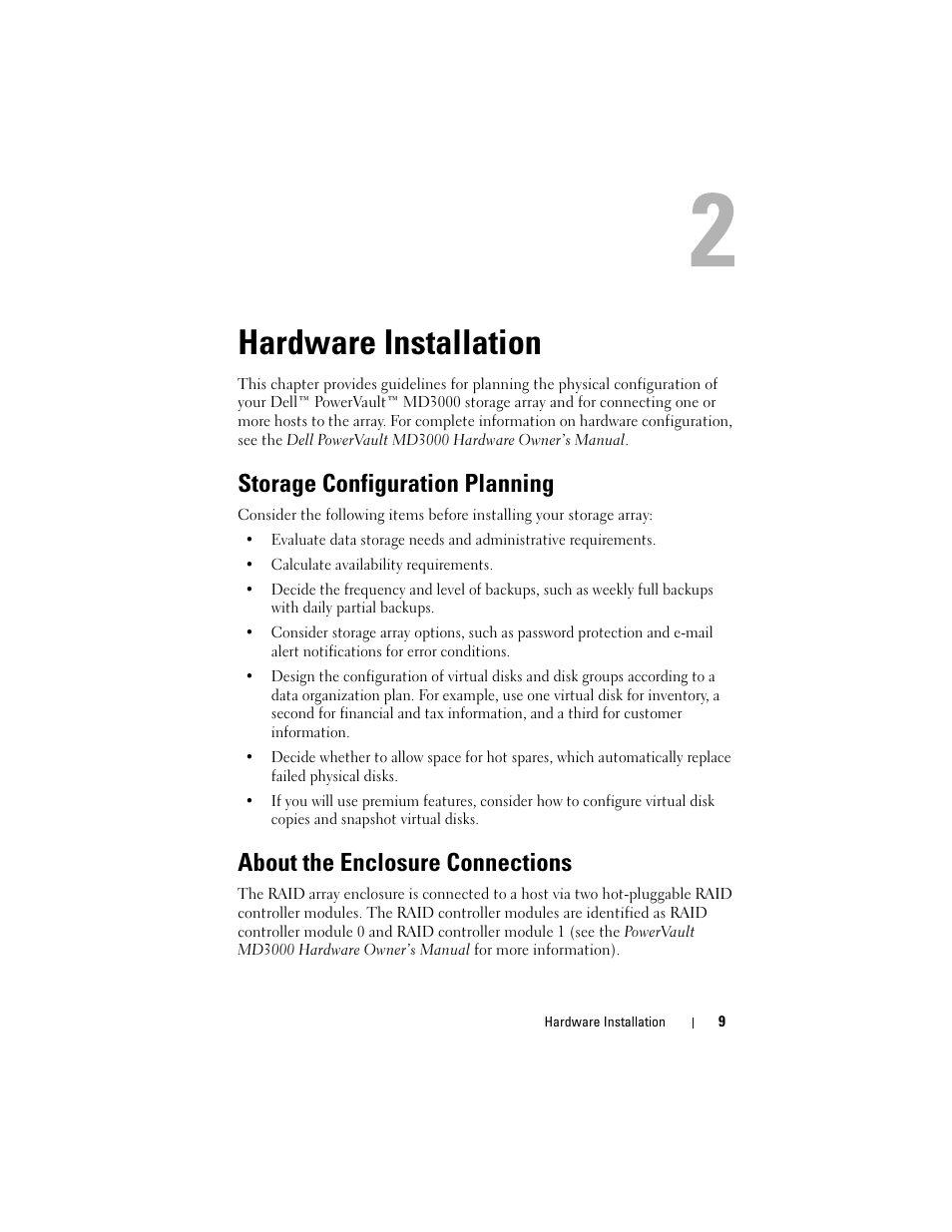 Hardware installation, Storage configuration planning, About the enclosure connections | Dell PowerVault MD3000 User Manual | Page 9 / 50