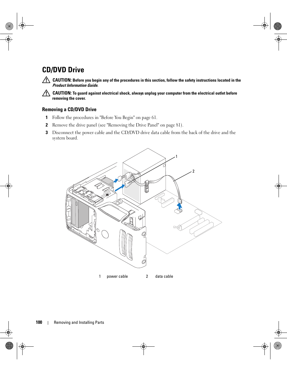 Cd/dvd drive, Removing a cd/dvd drive | Dell Dimension E521 User Manual | Page 100 / 158