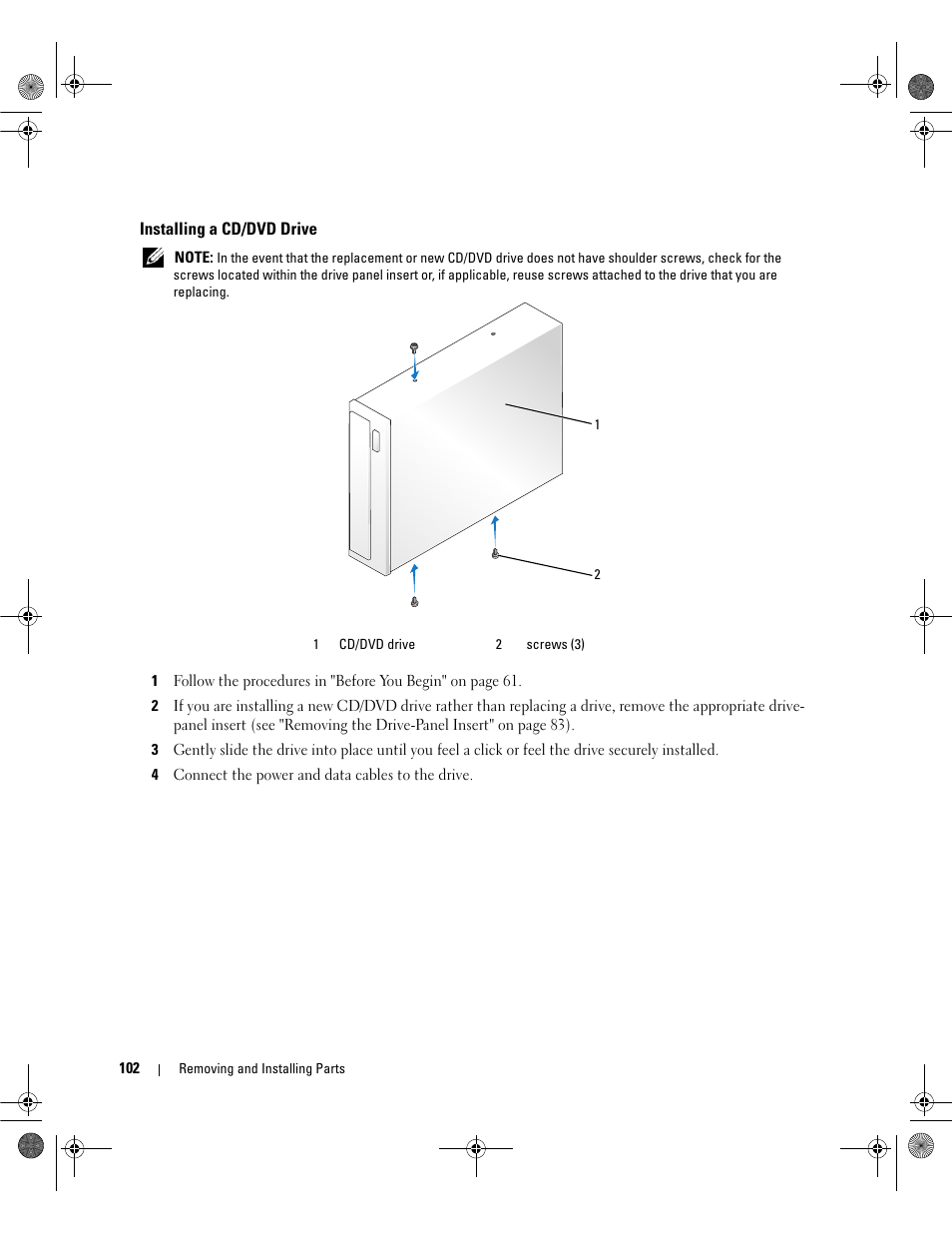Installing a cd/dvd drive | Dell Dimension E521 User Manual | Page 102 / 158