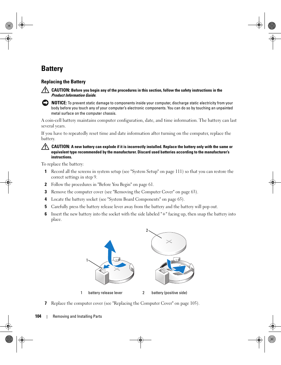 Battery, Replacing the battery | Dell Dimension E521 User Manual | Page 104 / 158