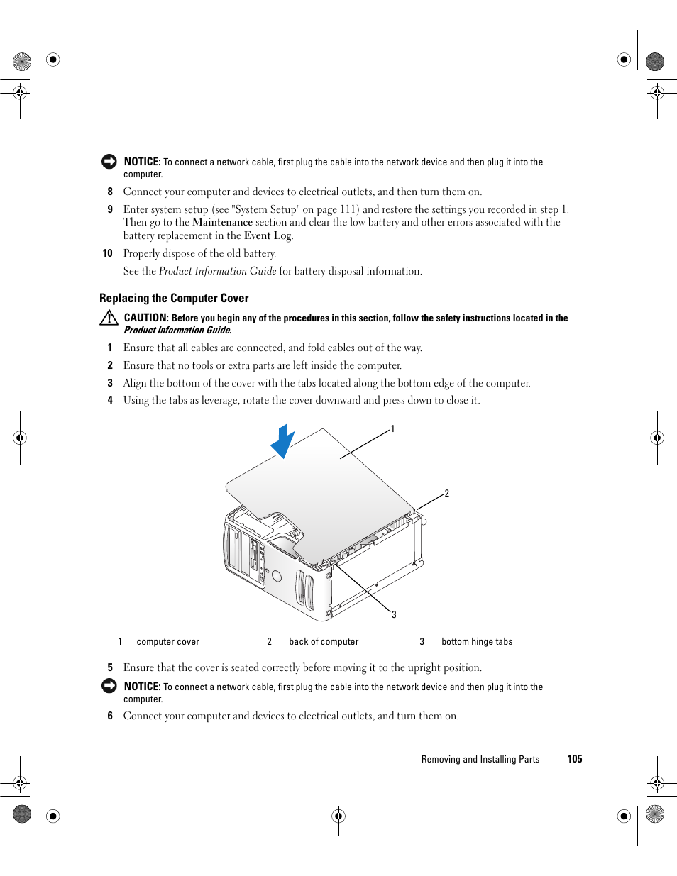 Replacing the computer cover, Ect settings in step 9 | Dell Dimension E521 User Manual | Page 105 / 158