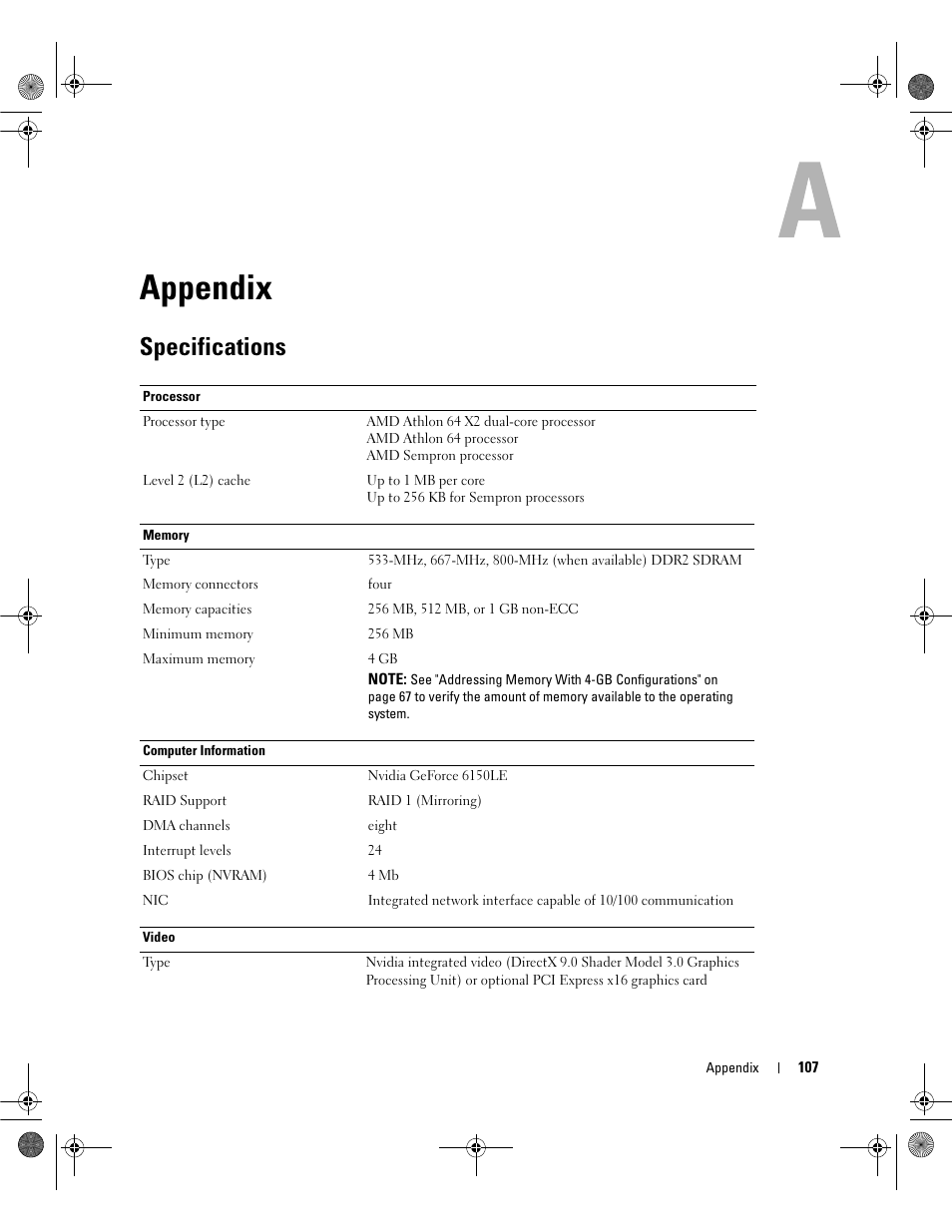 Appendix, Specifications | Dell Dimension E521 User Manual | Page 107 / 158