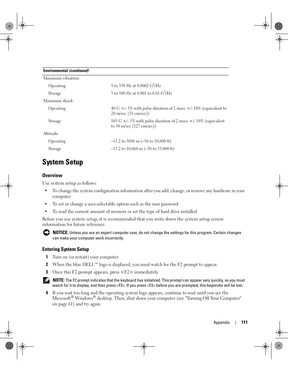 System setup, Overview, Entering system setup | See "system, See "entering system setup | Dell Dimension E521 User Manual | Page 111 / 158