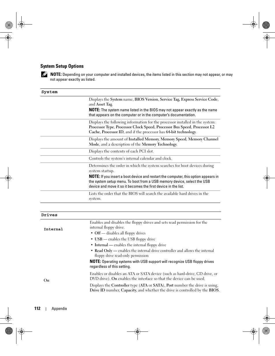 System setup options | Dell Dimension E521 User Manual | Page 112 / 158