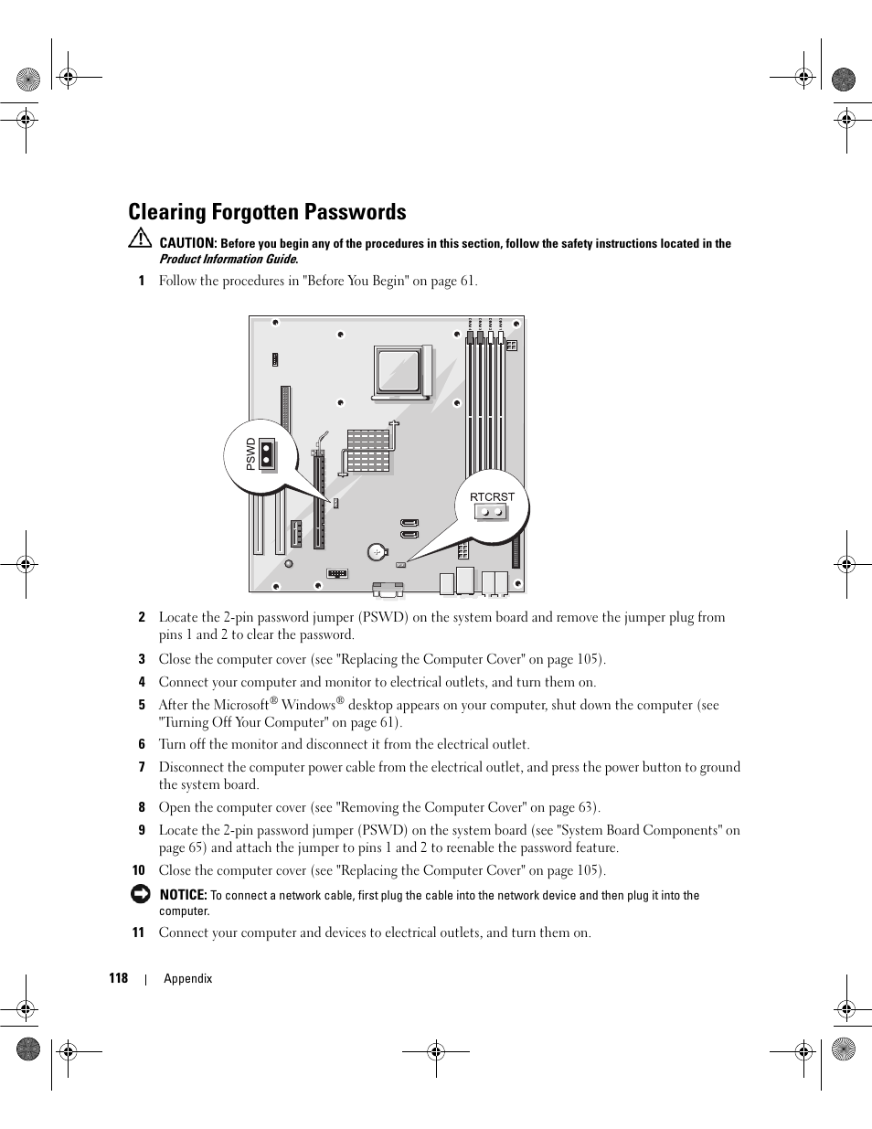 Clearing forgotten passwords | Dell Dimension E521 User Manual | Page 118 / 158