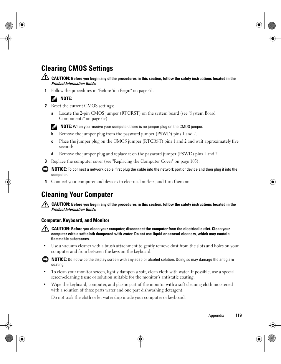 Clearing cmos settings, Cleaning your computer, Computer, keyboard, and monitor | Dell Dimension E521 User Manual | Page 119 / 158