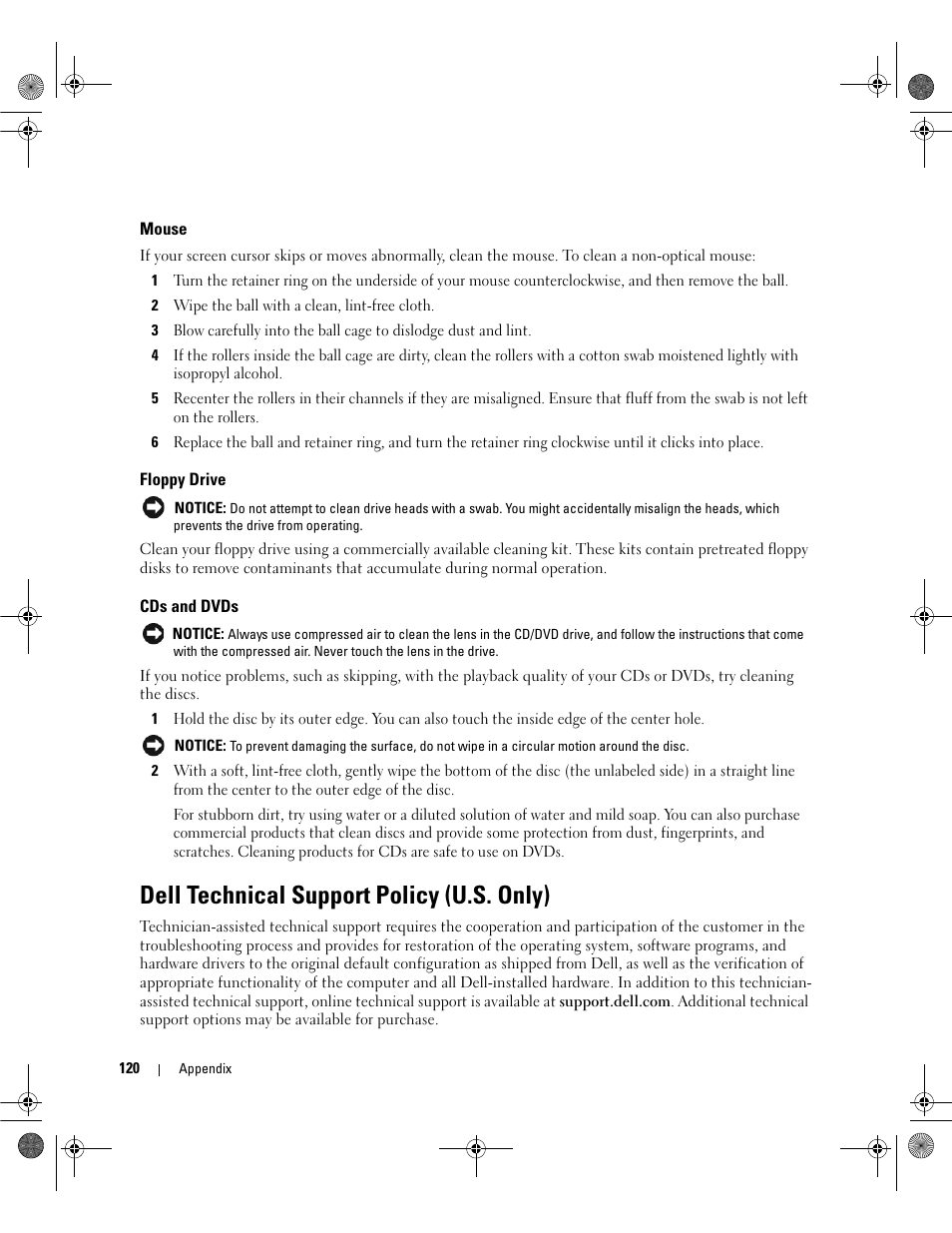 Mouse, Floppy drive, Cds and dvds | Dell technical support policy (u.s. only) | Dell Dimension E521 User Manual | Page 120 / 158
