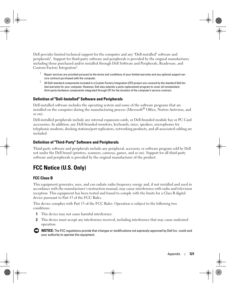 Fcc notice (u.s. only), Fcc class b | Dell Dimension E521 User Manual | Page 121 / 158