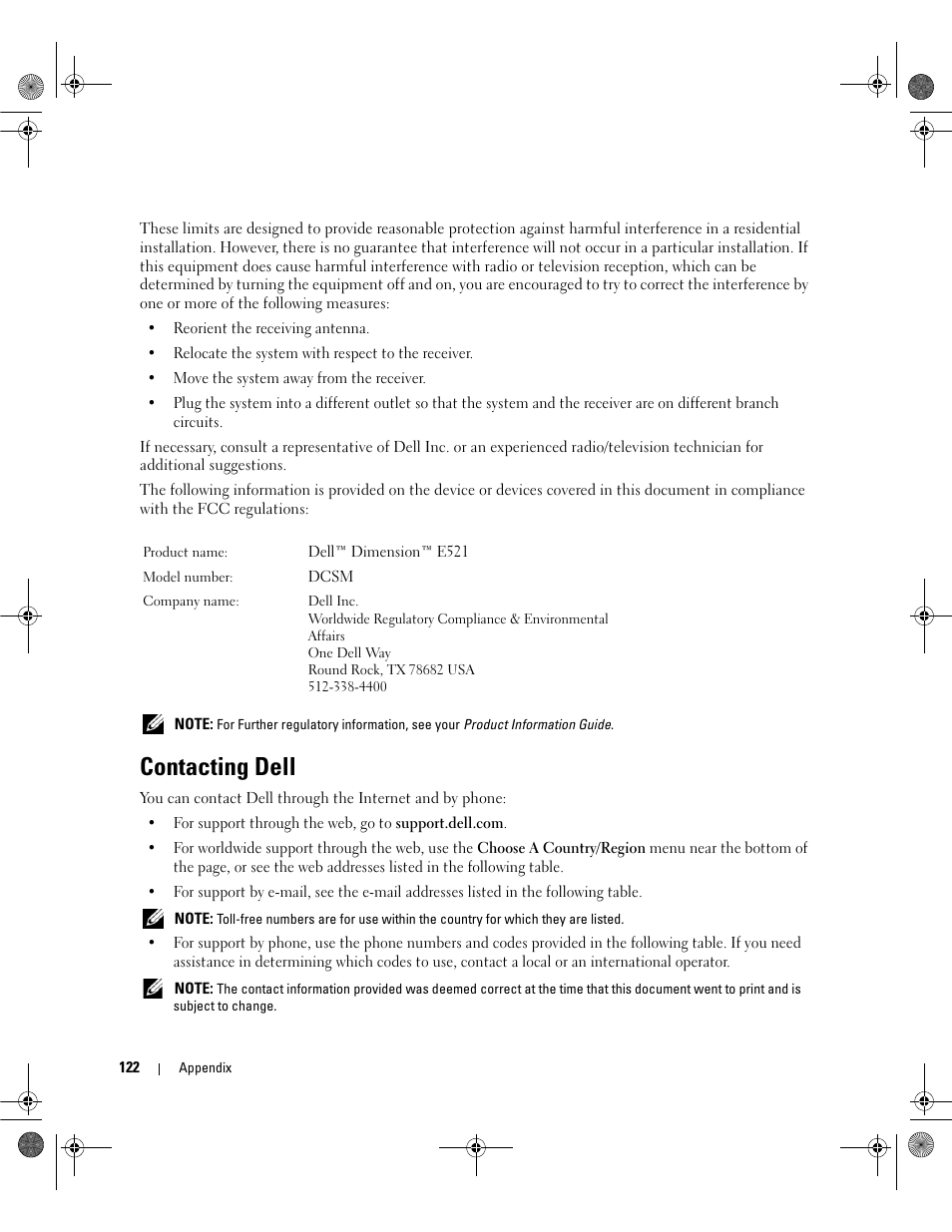 Contacting dell | Dell Dimension E521 User Manual | Page 122 / 158