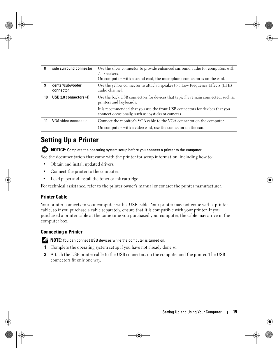 Setting up a printer, Printer cable, Connecting a printer | Dell Dimension E521 User Manual | Page 15 / 158