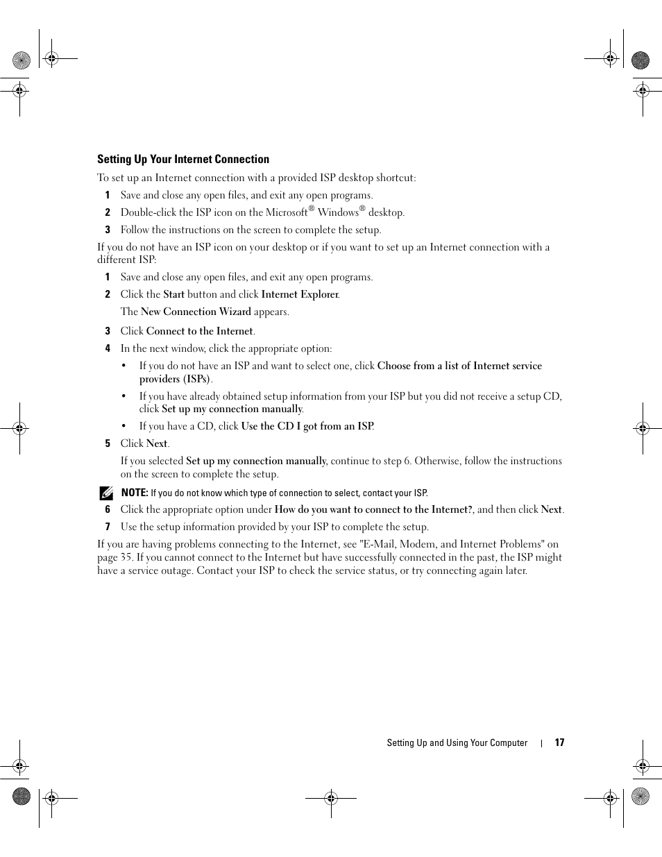 Setting up your internet connection | Dell Dimension E521 User Manual | Page 17 / 158