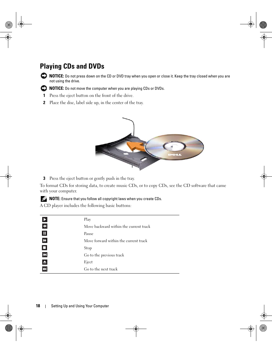 Playing cds and dvds | Dell Dimension E521 User Manual | Page 18 / 158