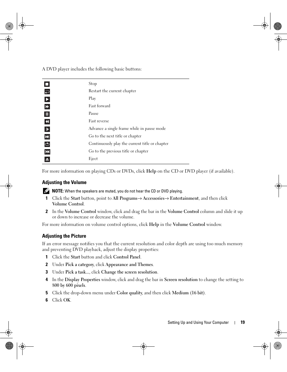 Adjusting the volume, Adjusting the picture | Dell Dimension E521 User Manual | Page 19 / 158