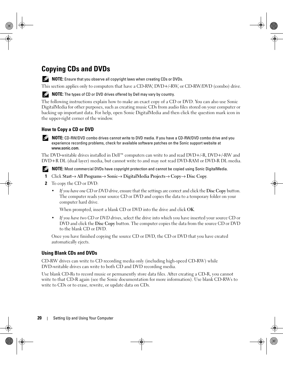 Copying cds and dvds, How to copy a cd or dvd, Using blank cds and dvds | Dell Dimension E521 User Manual | Page 20 / 158