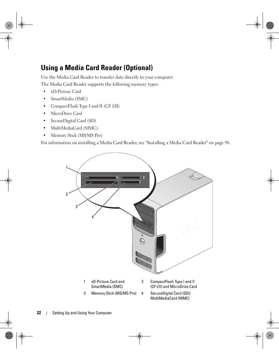 Using a media card reader (optional) | Dell Dimension E521 User Manual | Page 22 / 158