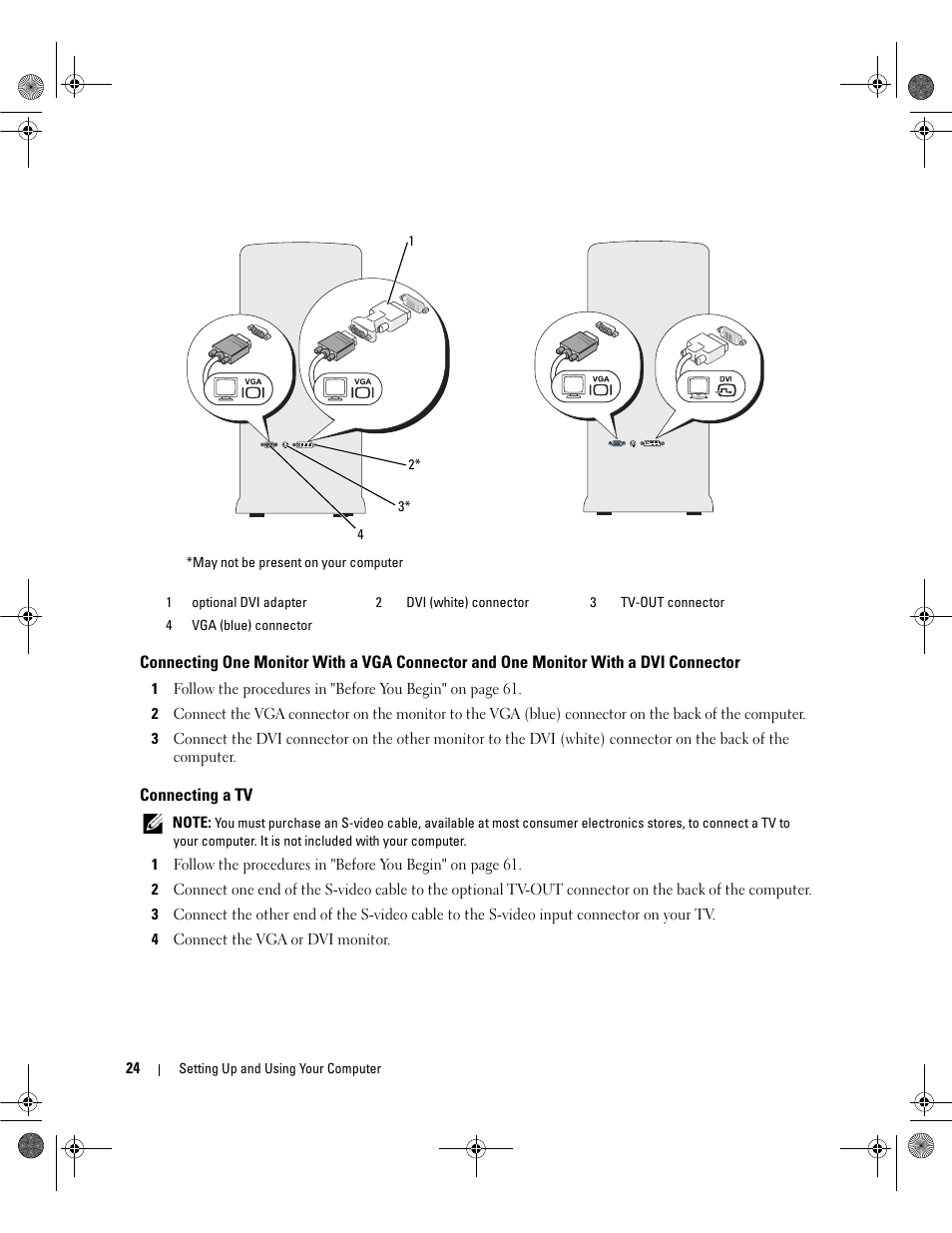 Connecting a tv | Dell Dimension E521 User Manual | Page 24 / 158