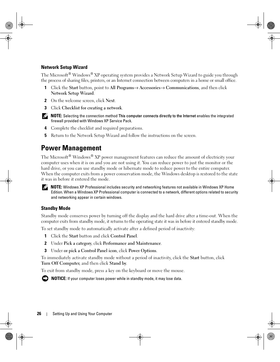 Network setup wizard, Power management, Standby mode | Dell Dimension E521 User Manual | Page 26 / 158
