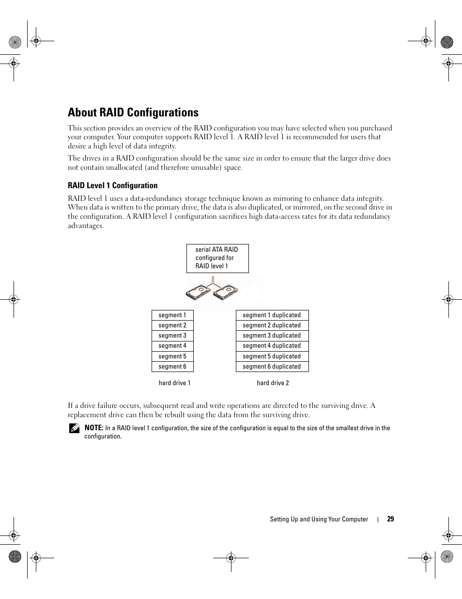 About raid configurations, Raid level 1 configuration | Dell Dimension E521 User Manual | Page 29 / 158