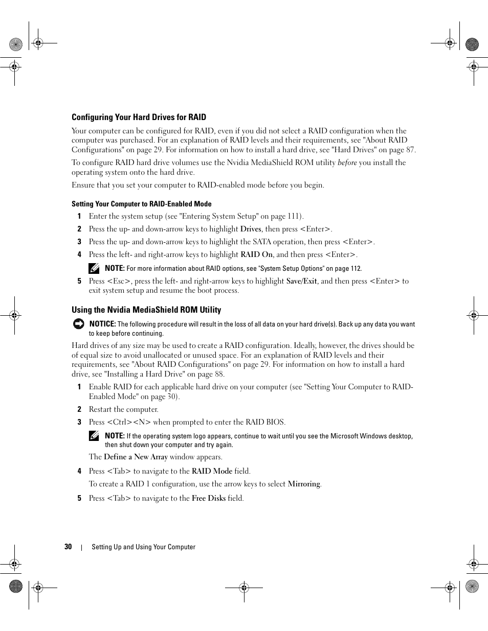 Configuring your hard drives for raid, Using the nvidia mediashield rom utility | Dell Dimension E521 User Manual | Page 30 / 158